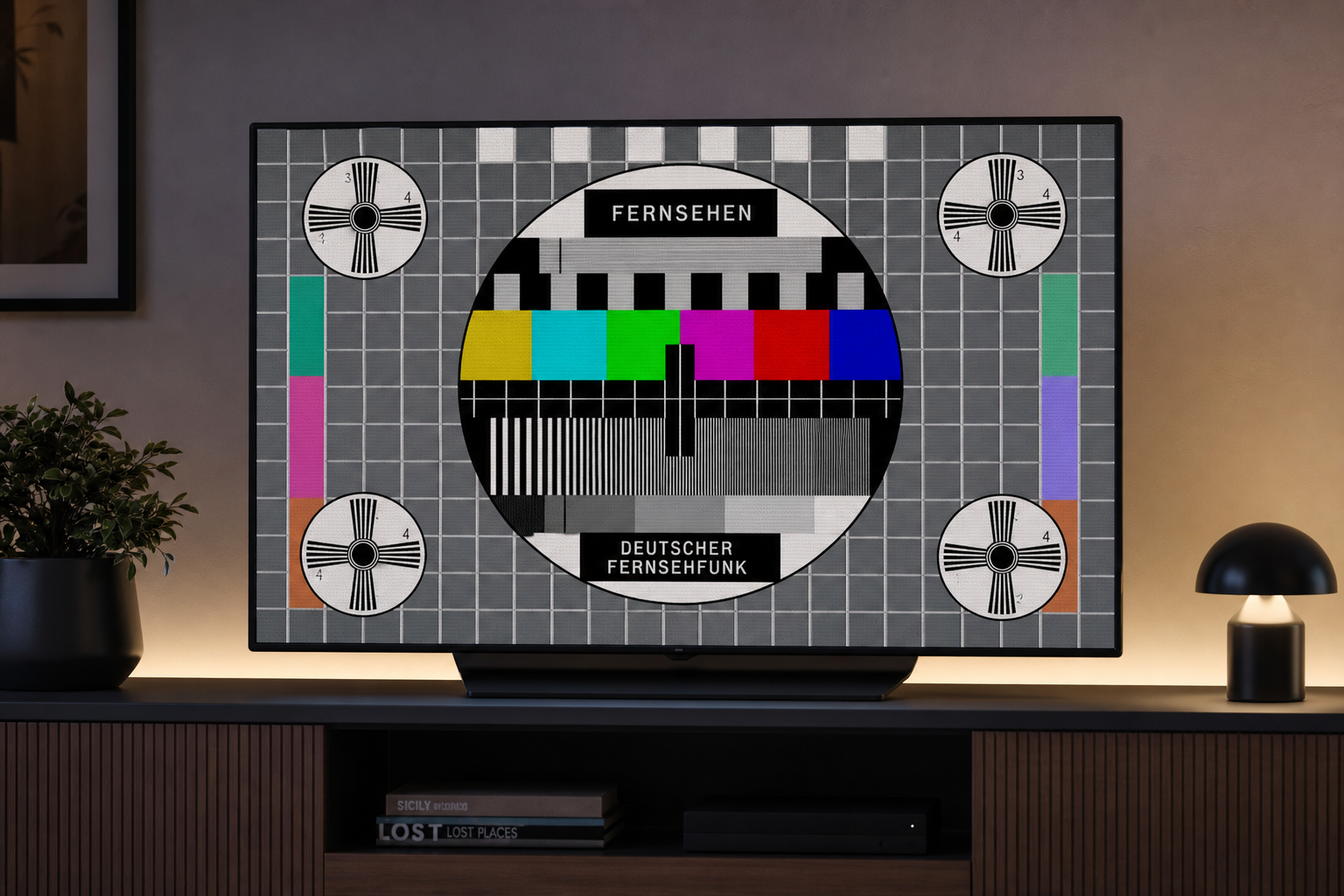 Fernseh-Testbild mit Farbbalken und der Aufschrift „FERNSEHEN“ sowie „DEUTSCHER FERNSEHFUNK“